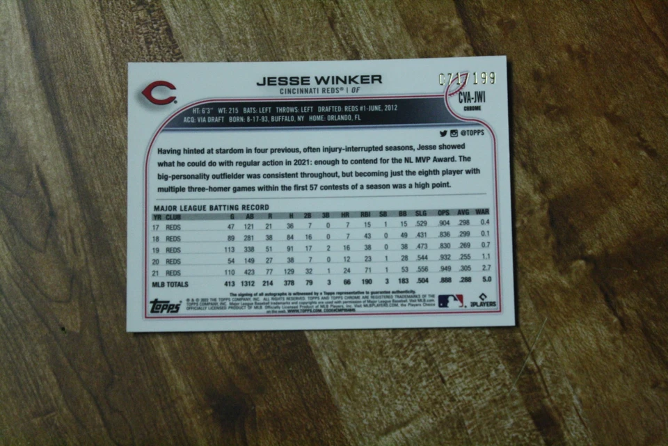 JESSE WINKER 2023 TOPPS CHROMEAQUA WAVE # 71/199 CARD # CVA-JWI - Image 2 of 3