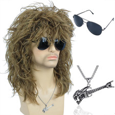 Men'S Women 80S Rocker Mullet Wig with Glasses and Necklace - Long Blonde Curly