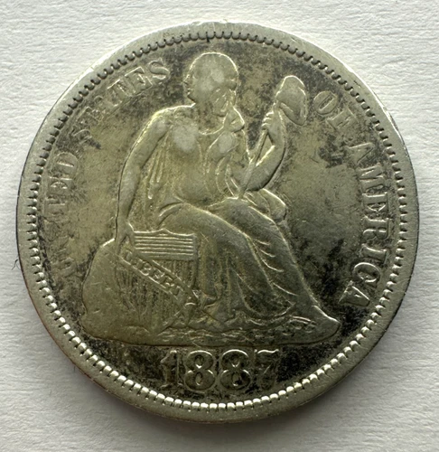 1887 USA Seated Liberty Dime Coin, Silver 0.9, VF Very Fine