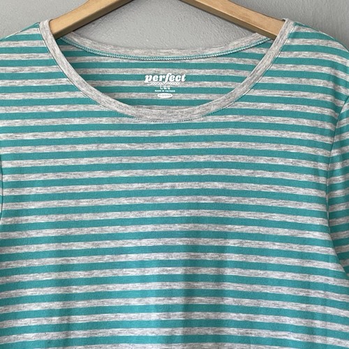 Old Navy Perfect Fit Size Large Teal Heather Gray Striped Knit Shirt 90s Y2K - Picture 3 of 10