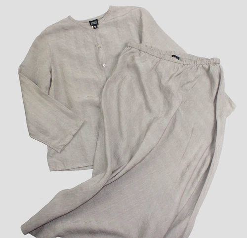 Eileen Fisher Silk Linen 2 Piece Skirt Suit Set Womens S Taupe Beige Minimalist