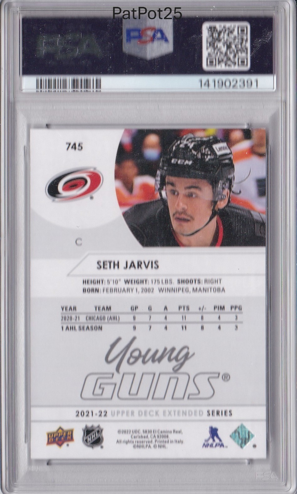 2021-22 Upper Deck 745 Seth Jarvis young guns PSA 9 Carolina Hurricanes view 2