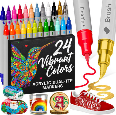 ARTISTRO 24 Acrylstifte   Dual Tip (Pinsel & Fein) Marker Für Stoff, Leinwand, S