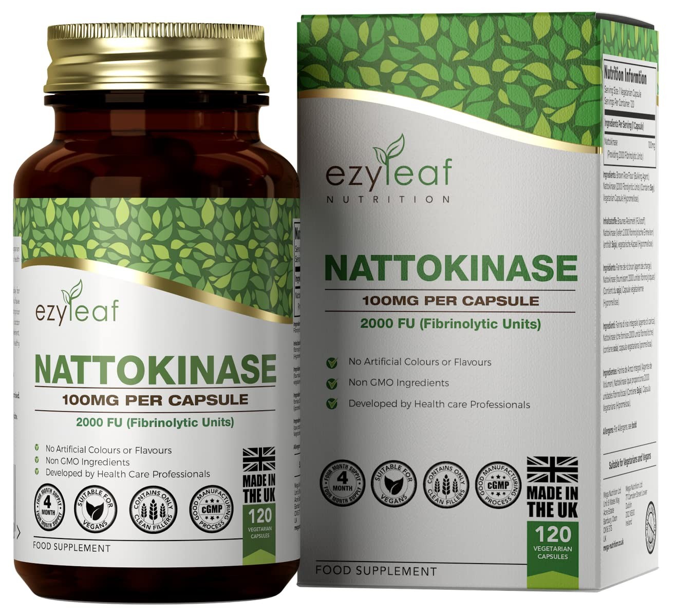 Ezyleaf Nattokinase 100mg 2000 FU | 120 Vegan Capsules 120 count (Pack of 1)