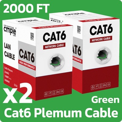 Cat6 CMP Rated Plenum Ethernet Cable 2 Pack 1000ft Solid UTP 23AWG Green