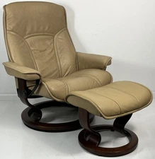 Ekornes Stressless Large "Governor" Sand Leather Swivel Recliner Chair & Ottoman