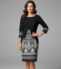 IN Studio 10 Dress Shift Mini Black White Medallion Boho Artsy Office Siren