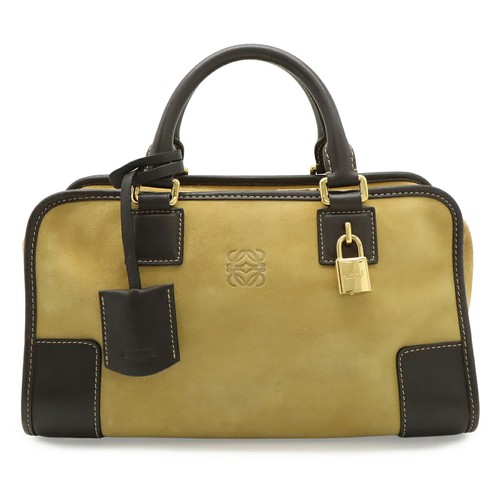 LOEWE Amazona 28 Anagram Suede Leather Handbag Beige Brown Mini Boston Bag