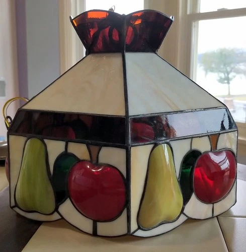Vintage Apple Pear Fruit Creamy Slag/Stained Glass 12" Hanging Pendant Light