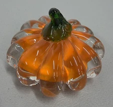 Pumpkin Art Glass Paperweight Orange Clear Green Stem Fall Decor