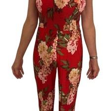 Red Floral Jumpsuit Strapless Smocked Bodice Summer Casual Party Romper