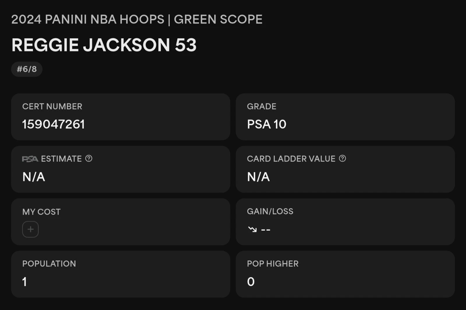 Reggie Jackson Green Scope card showing PSA 10 grade and POP Higher text