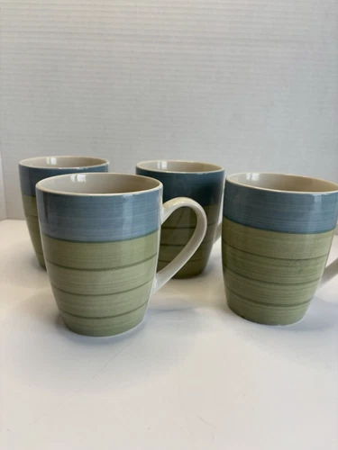 Set Of 4 Pier 1 Imports Blue/ Green Coffee Mugs Cups Stripes 