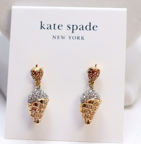 Kate Spade Gold Tone Cubic Zirconia What a Snack Ice Cream Cone Earrings $98 New