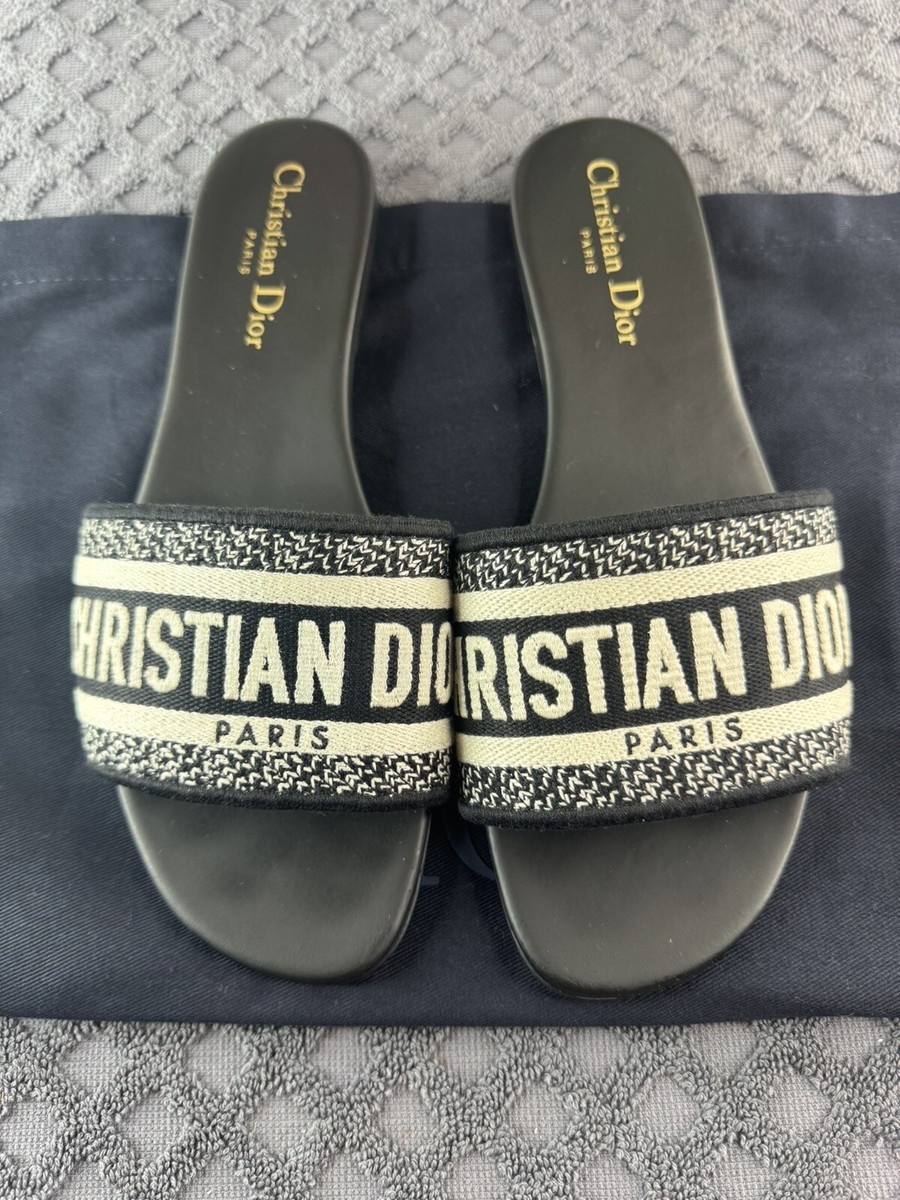 CHRISTIAN DIOR DWAY SLIDES BLACK EMBROIDED COTTON | eBay CHRISTIAN DIOR DWAY SLIDES BLACK EMBROIDED COTTON | eBay