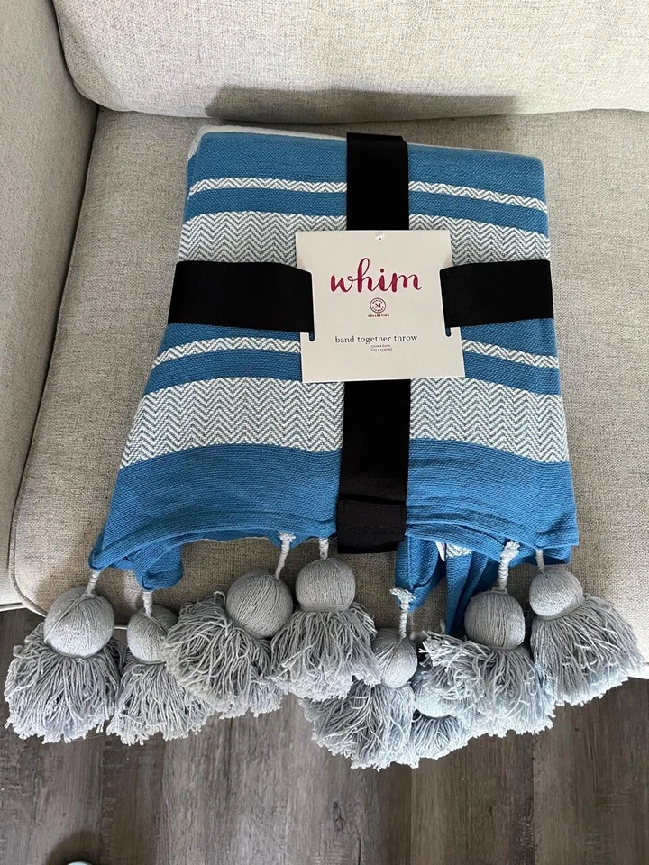 NUEVO CON ETIQUETAS Martha Stewart WHIM Manta Lg Borla Banda para Tirar Juntos Azul 50""x 60"" Foto 2 de 4