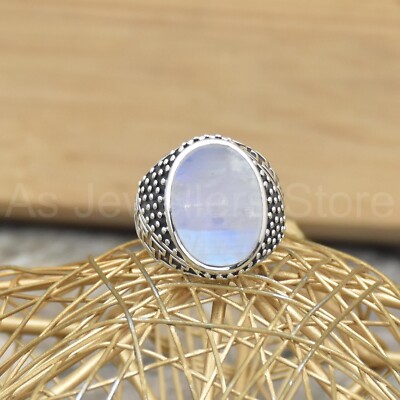 Natural Rainbow Moonstone Ring, 925 Sterling Silver Ring, Textured Gemstone Ring