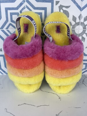 NEW UGG Women's Pride Rainbow Yellow Fluff Yeah Slide Sandal