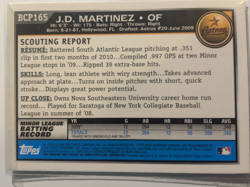 2010 Bowman Chrome Prospects Baseball #BCP165 J.D. Martinez - Picture 2 of 3