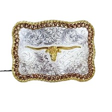 Nocona Silver  Gold Tone Longhorn Belt Buckle Unisex Jeweled New in the Box