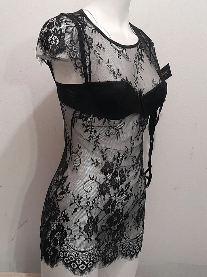 Nuevo Fredericks of Hollywood Talla Mediana Sexy Transparente Floral Chemise y Tanga Negro Foto 4 de 4