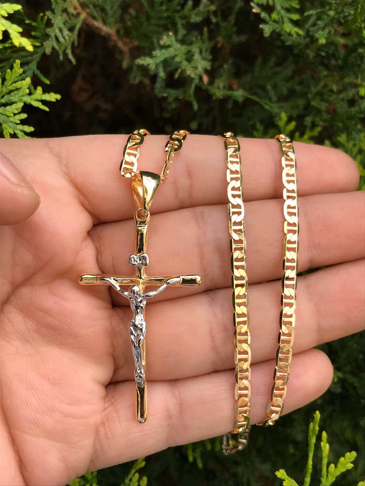 matraz Intercambiar complejidad 14k GF Cross Pendant Necklace, Cadena y Dije de Cruz de Oro Laminado Para  Hombre | eBay