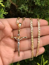 14k GF Cross Pendant Necklace, Cadena y Dije de Cruz de Oro Laminado Para Hombre