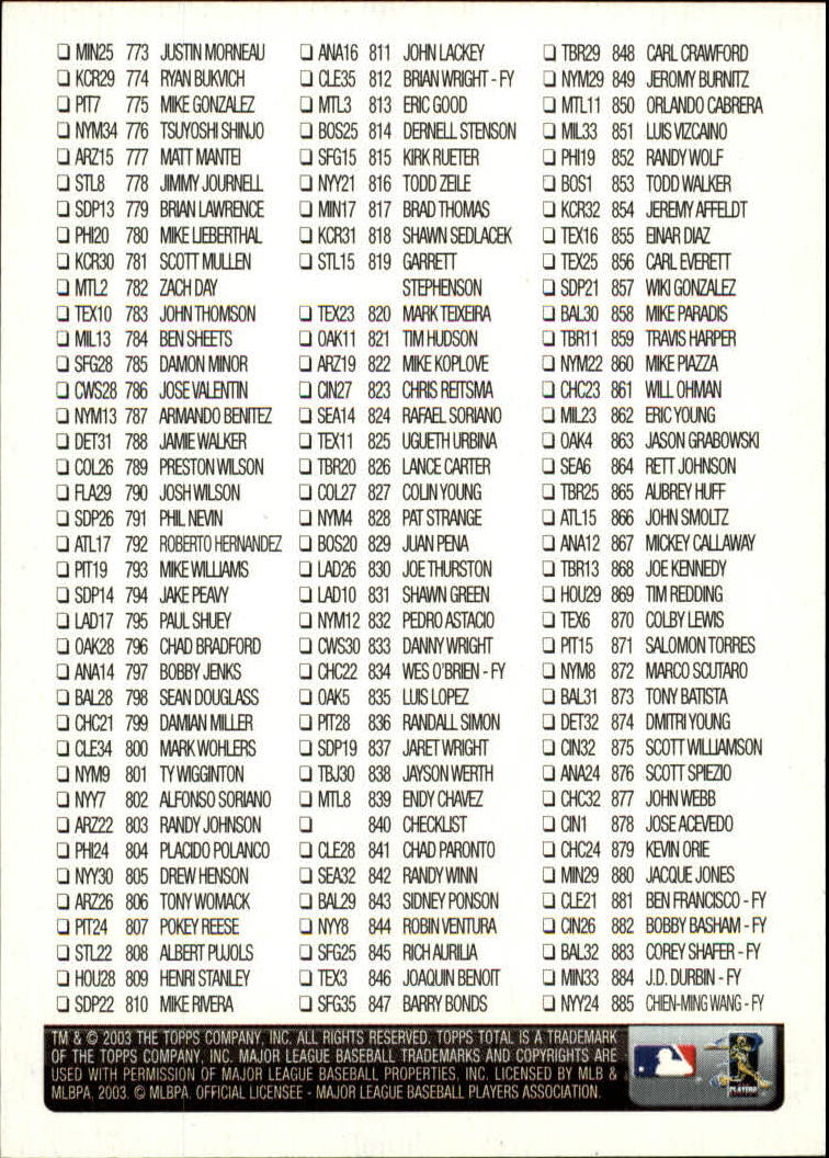 2003 Topps Total Baseball Assorted Singles U-Pick! #730-988