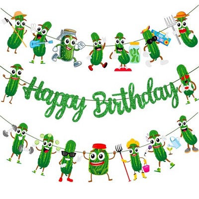 Pickle Birthday Banner Decorations Green Pickle Cucumber Happy Birthday Banne...