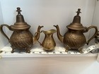 Vintage Middle Eastern Coffee/Tea Pot Turkish Stamped Brass set of 2 w/creamer — photo 1