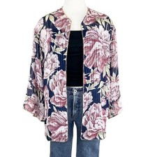 Vintage Open Front Floral Cardigan Top Sheer Gold Trim XS/S Kimono