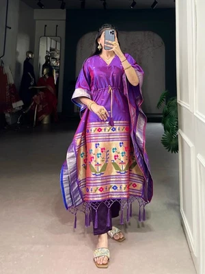 Indio Paithani Caftán Puro Gaji Seda Abaya Mujer Marroquí Dubái Modesto Ropa Edi - Imagen 1 de 4