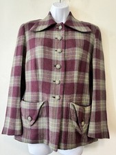 Vintage Blazer Women Small Gray Purple Plaid Pockets Button Front 70s Lined