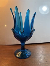 Vintage MCM Viking Blunique Glass Swung Pedestal Footed Bowl Vase Compote 10”x5”
