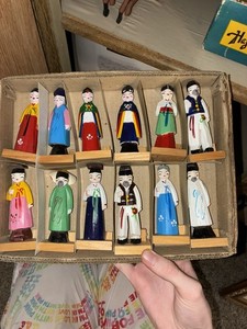 VTG Hand Painted Wooden Doll Figurines Korean Artiste Co Seoul Korea Lot of 8