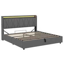 Upholstered Ottoman Storage Bed Frame 5ft King with Storage Headboard, LED, Grey