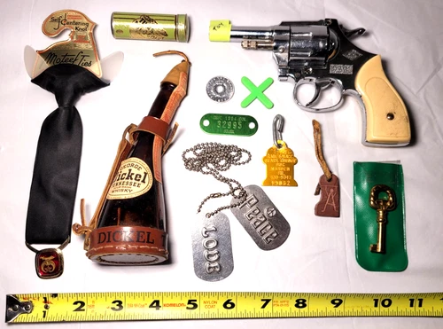 Vintage Junk Drawer Lot - Pins, Costume Jewelry, Repair, Masonoc Tie, Dog Tags