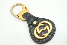 GUCCI Interlocking G Key Ring Holder Charm Unisex Embossed leather Black 5358k