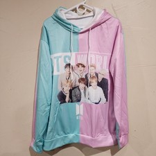 NWOT BTS Band pink Teal Long Sleeve Hoodie Sweatshirt BTS World Polyester Sz L