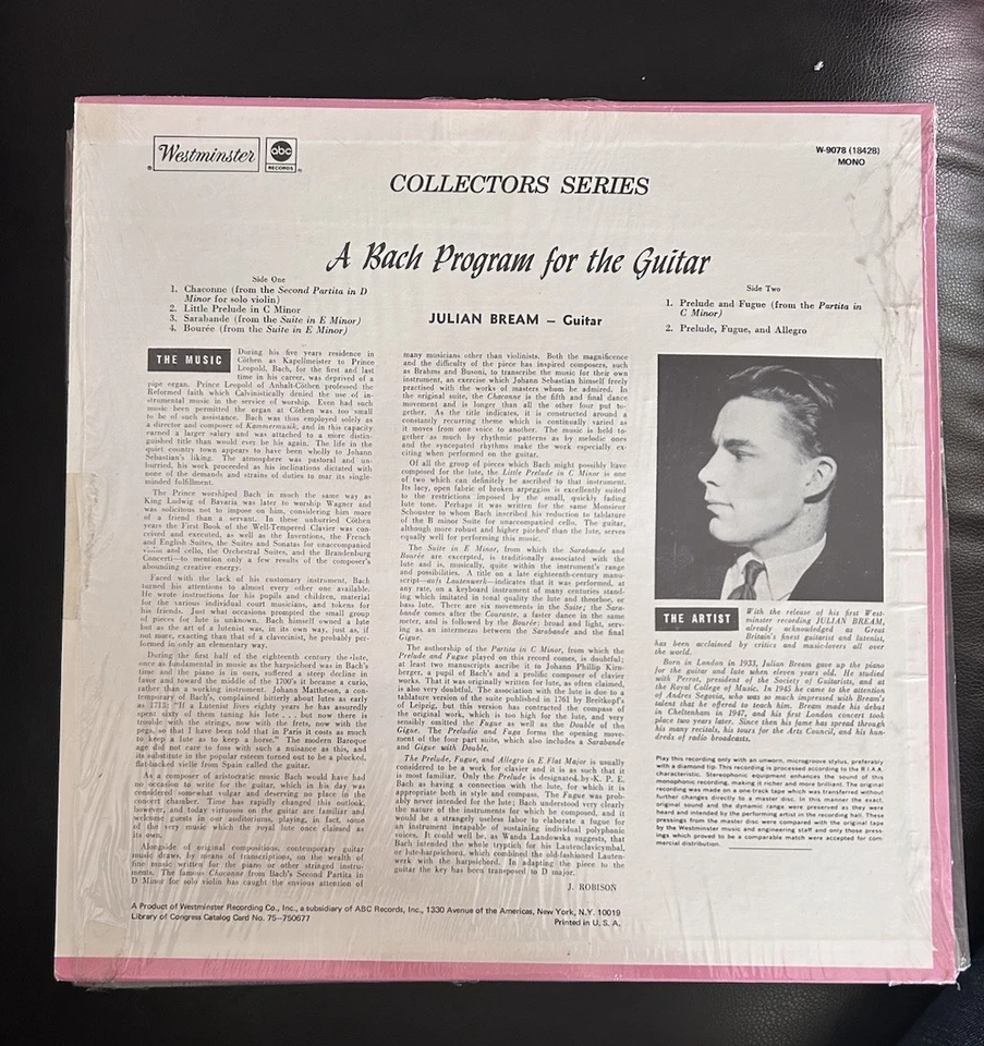 Julian Bream - J.S. Bach: A Program For The Guitar - Mono W-9078 NM Westminster - Image 2 of 4