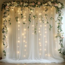 10x10ft White Tulle Backdrop Curtain with String Lights, -Sheer Wedding Backd...