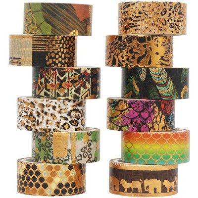 Yubx Masking Tape 12-Piece Set - Washi Paper Tape With Wild Animal And Gold Foi_