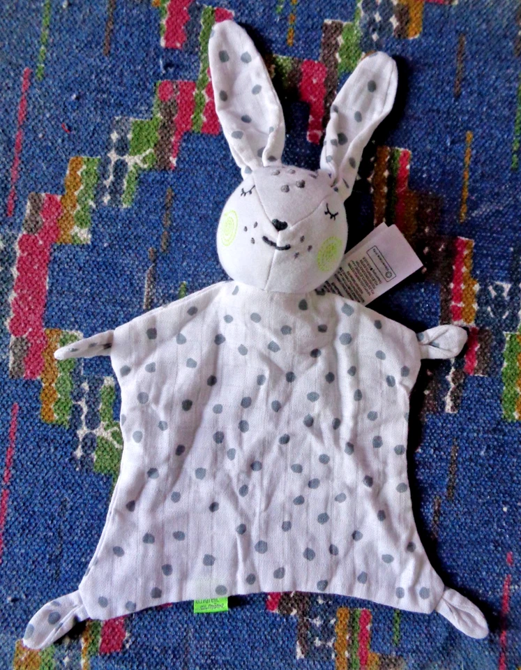TP/ DOUDOU PLAT LANGE TISSU DPAM LAPIN BLANC POIS GRIS ETAT NEUF - Photo 1/1