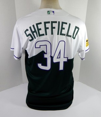2022 Colorado Rockies Jordan Sheffield #34 Spiel Gebraucht Grün Trikot Stadt Das
