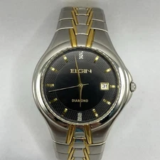 Elgin Diamond Watch Mens FG156N 36mm Silver Gold Tone Black Dial WR New Battery