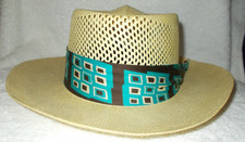 Vintage Men's Panapore Lt Tan Straw Hat Sz 7 open air weave black aqua band