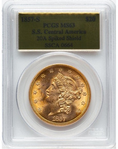 1857 - S  $20 Gold Double Eagle Spiked Shield  PCGS 63  Free Ship USA Only (48)