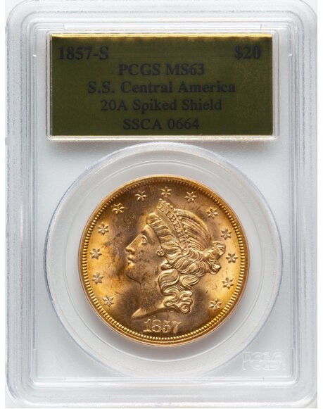 1857 - S  $20 Gold Double Eagle Spiked Shield  PCGS 63  Free Ship USA Only (48)