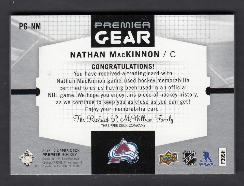 2016-17 UD Premier Gear Jersey Patch Fight Strap #PG-NM - NATHAN MacKINNON /10 - Image 2 of 2