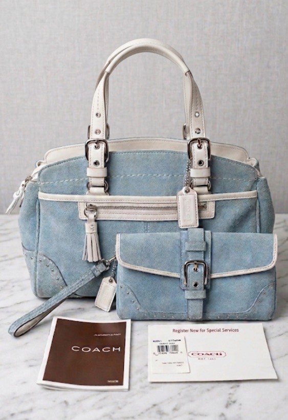 Coach Hamptons Satchel/Wristlet Set Baby Blue Suede w/ White